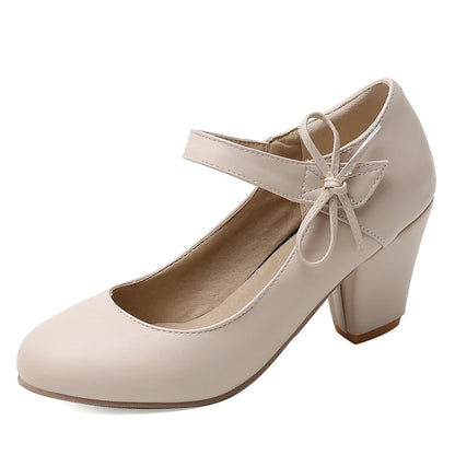 🍒Womens pumps 7cm high thick block heels round toe mary Janes shoes wedding dress footwear office shoes ladies ankle strap heels with bows