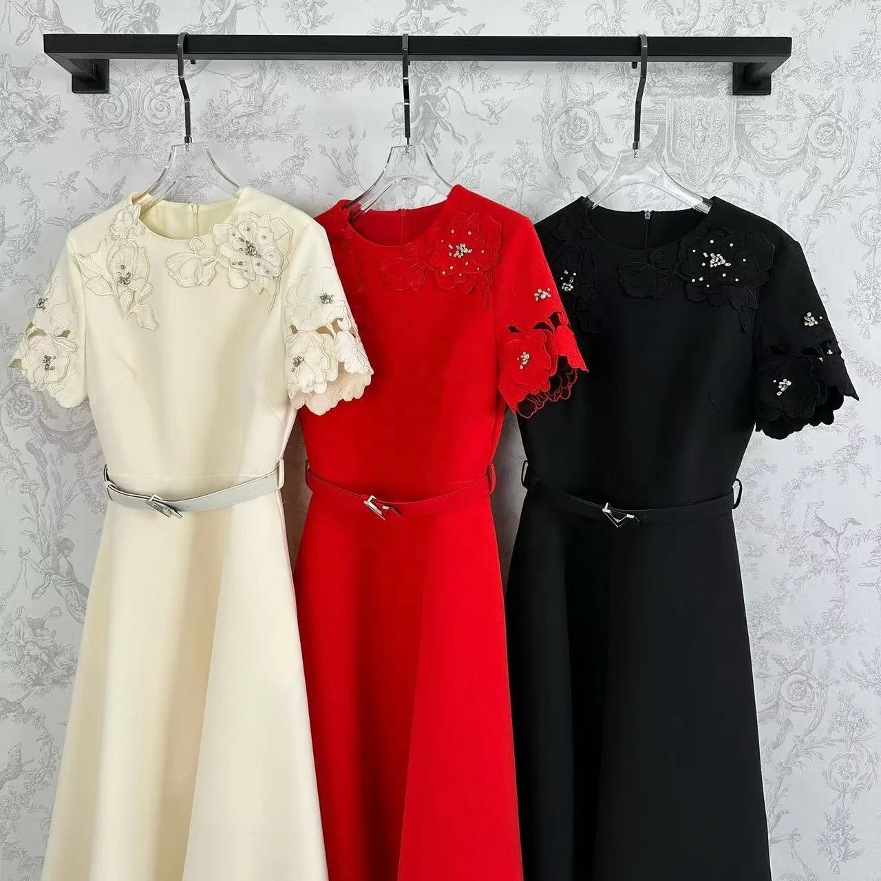 🍒Short sleeve vintage dress short sleeve midi hand-made lace hollow diamond summer outfit a-line womens fashion wear Line Up For As or you wil B disapointed