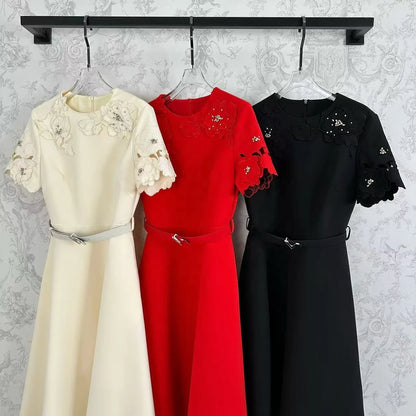 🍒Short sleeve vintage dress short sleeve midi hand-made lace hollow diamond summer outfit a-line womens fashion wear Line Up For As or you wil B disapointed