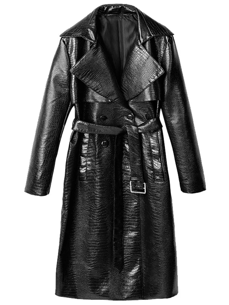 🍒Black crocodile trench coat patent faux leather coat long black for women long sleeve belt fall red leather clothes women