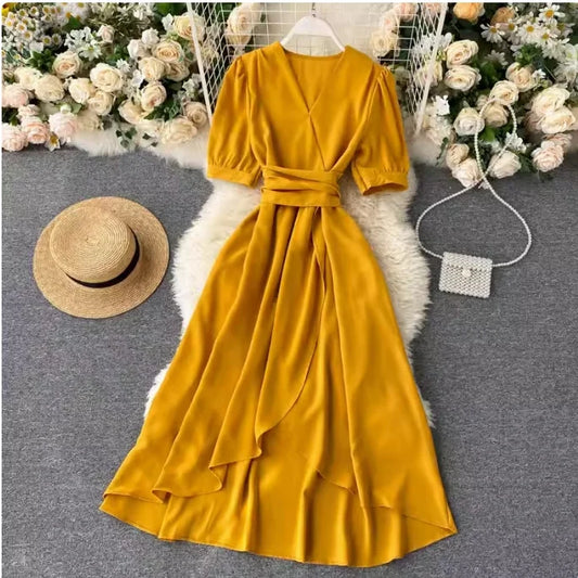 🍒Solid colour irregular hem dress short sleeved summer outfit smart casual women colourful fashion wear holiday wear