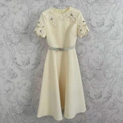 🍒Short sleeve vintage dress short sleeve midi hand-made lace hollow diamond summer outfit a-line womens fashion wear Line Up For As or you wil B disapointed