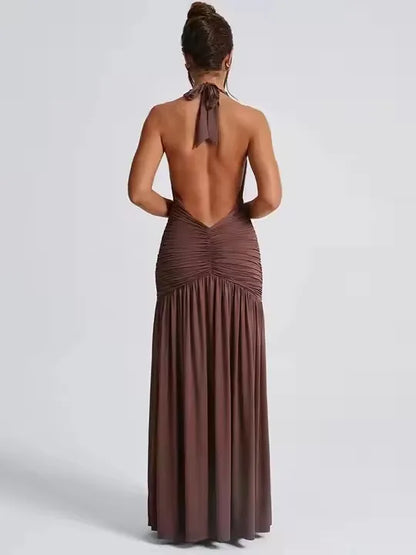 🍒backless sleeveless dress halter V-neck elegant maxi high slit womens fashion party occasion wear
