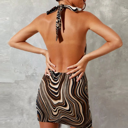 🍒Backless sleeveless halter fashion wave print women's mini dress bodycon short Y2K dresses summer fashion for women Get Girly Swirls