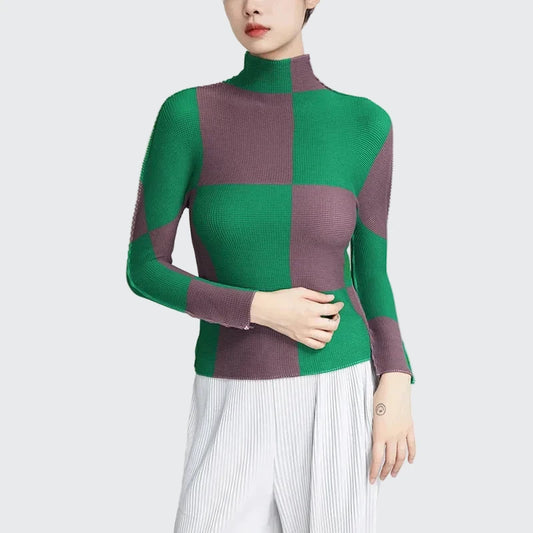 🍒Designer summer tops geometric fashion wear printed long sleeve blouse checkered women casual shirts stretch pleated t-shirts Square This Square At Check-Out