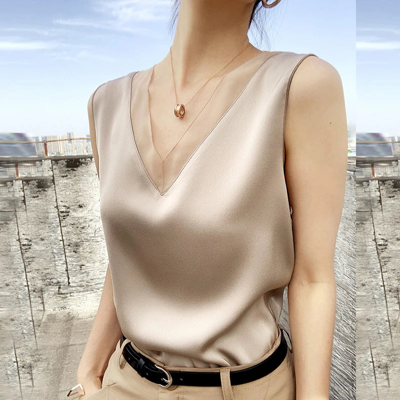🍒Satin blouses for women summer top for office wear satin camisole versatile fashion party wear occasion wear with chifon edge