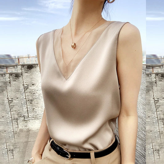 🍒Satin blouses for women summer top for office wear satin camisole versatile fashion party wear occasion wear with chifon edge