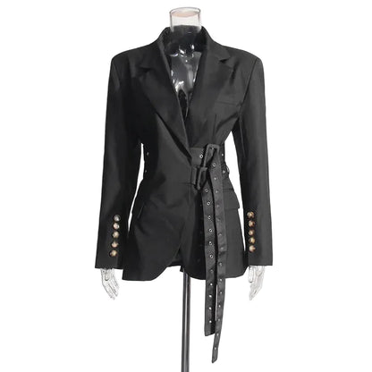 🍒Double belt button casual jacket v-neck lapel jacket belted blazers for occasion women outwear smart casual clothes  A Belter of A Blazer