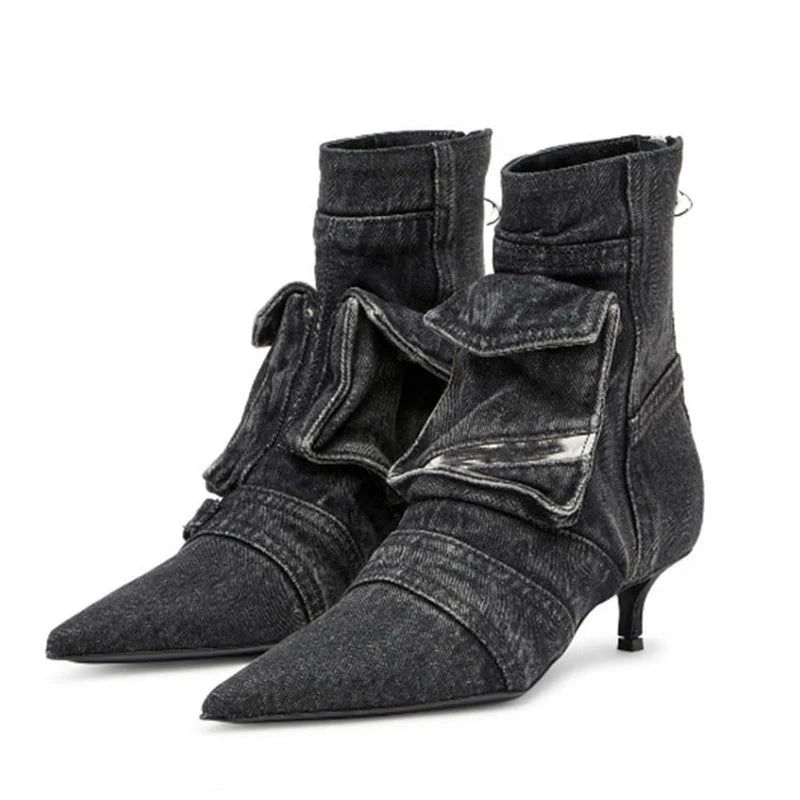 🍒Denim pockets boots ankle kitten heel shoes back zipper shoes retro styles booties with pointed toe smart casual footwear women Pocket This Denim And Make A Point