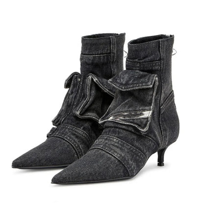 🍒Denim pockets boots ankle kitten heel shoes back zipper shoes retro styles booties with pointed toe smart casual footwear women Pocket This Denim And Make A Point