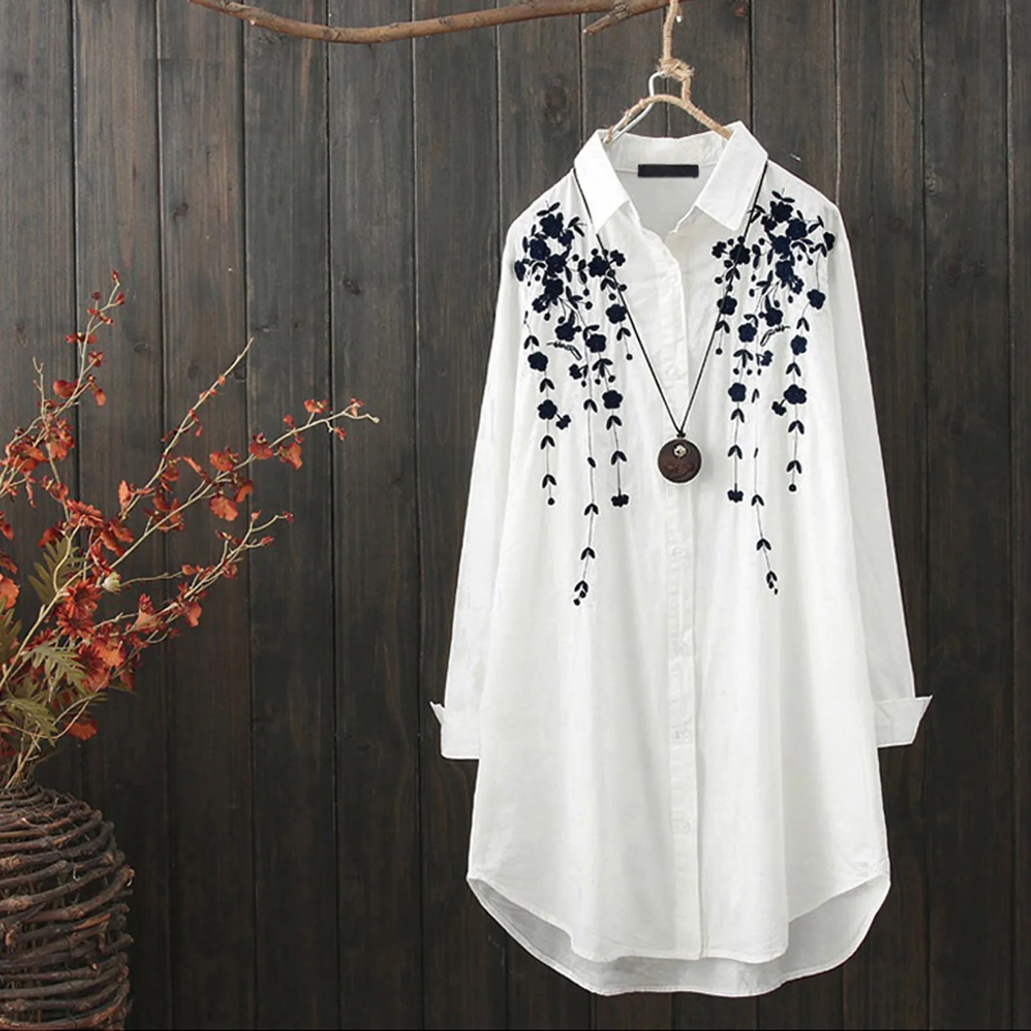 🍒White long shirts for women floral blouse spring summer fashion wear office lady elegant loose casual tops button blouse tunic top Tune Into Tunics