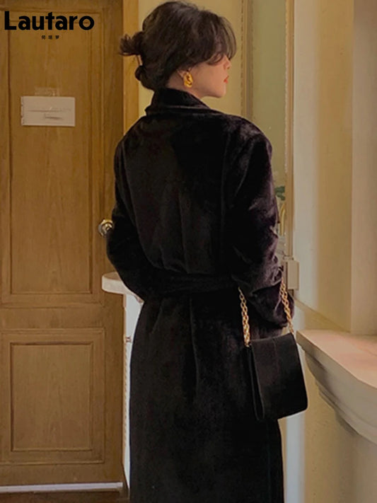 🍒Winter faux fur coat oversized black trench coat womens long black tie belt coat smart casual stylish outerwear