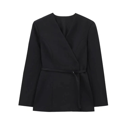 🍒Women's belt jacket v-neck autumn spring clothing smart casual wear retro long sleeve occasion wear party wear Dont WAiST TIE-m In Getting This
