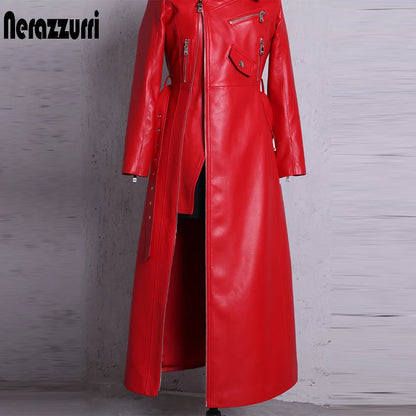 🍒Leather long dresses with side split for women slash neck red black pu outfit long sleeve shoulderless for occasions party wear club wear REDiculously Cool