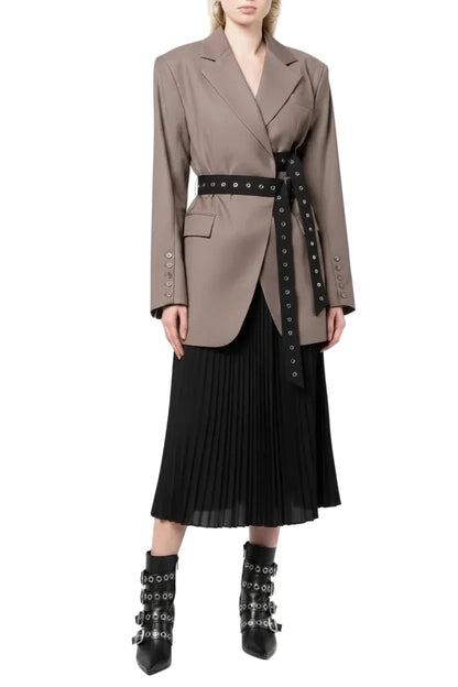 🍒Double belt button casual jacket v-neck lapel jacket belted blazers for occasion women outwear smart casual clothes  A Belter of A Blazer