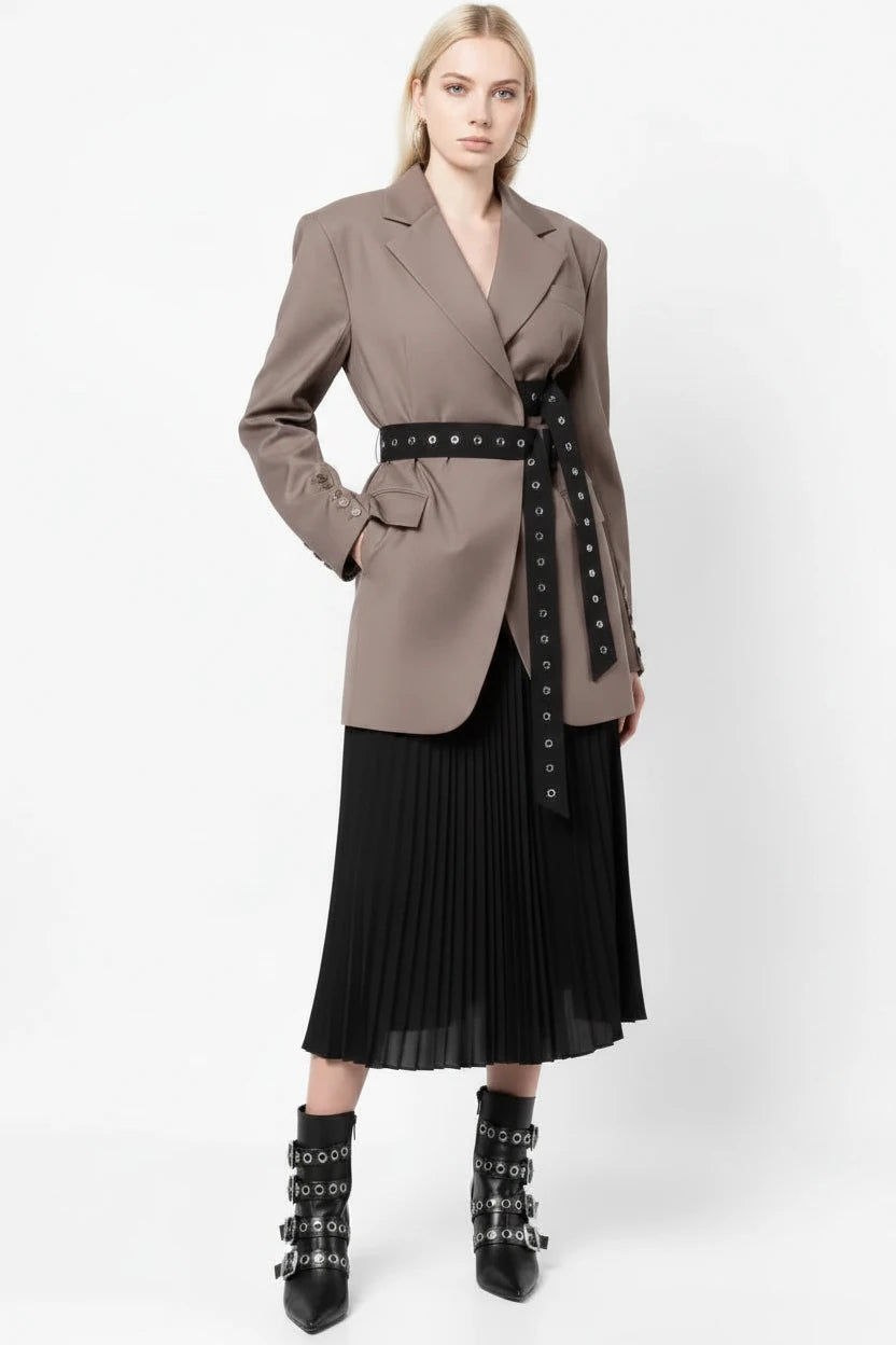 🍒Double belt button casual jacket v-neck lapel jacket belted blazers for occasion women outwear smart casual clothes  A Belter of A Blazer
