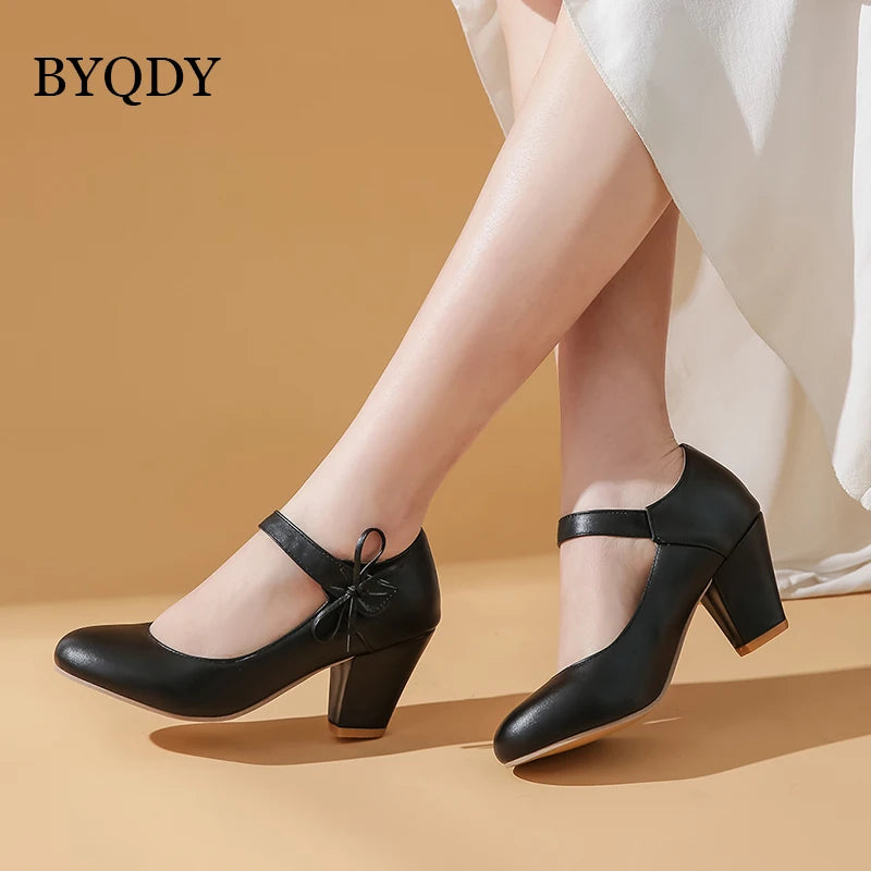 🍒Womens pumps 7cm high thick block heels round toe mary Janes shoes wedding dress footwear office shoes ladies ankle strap heels with bows