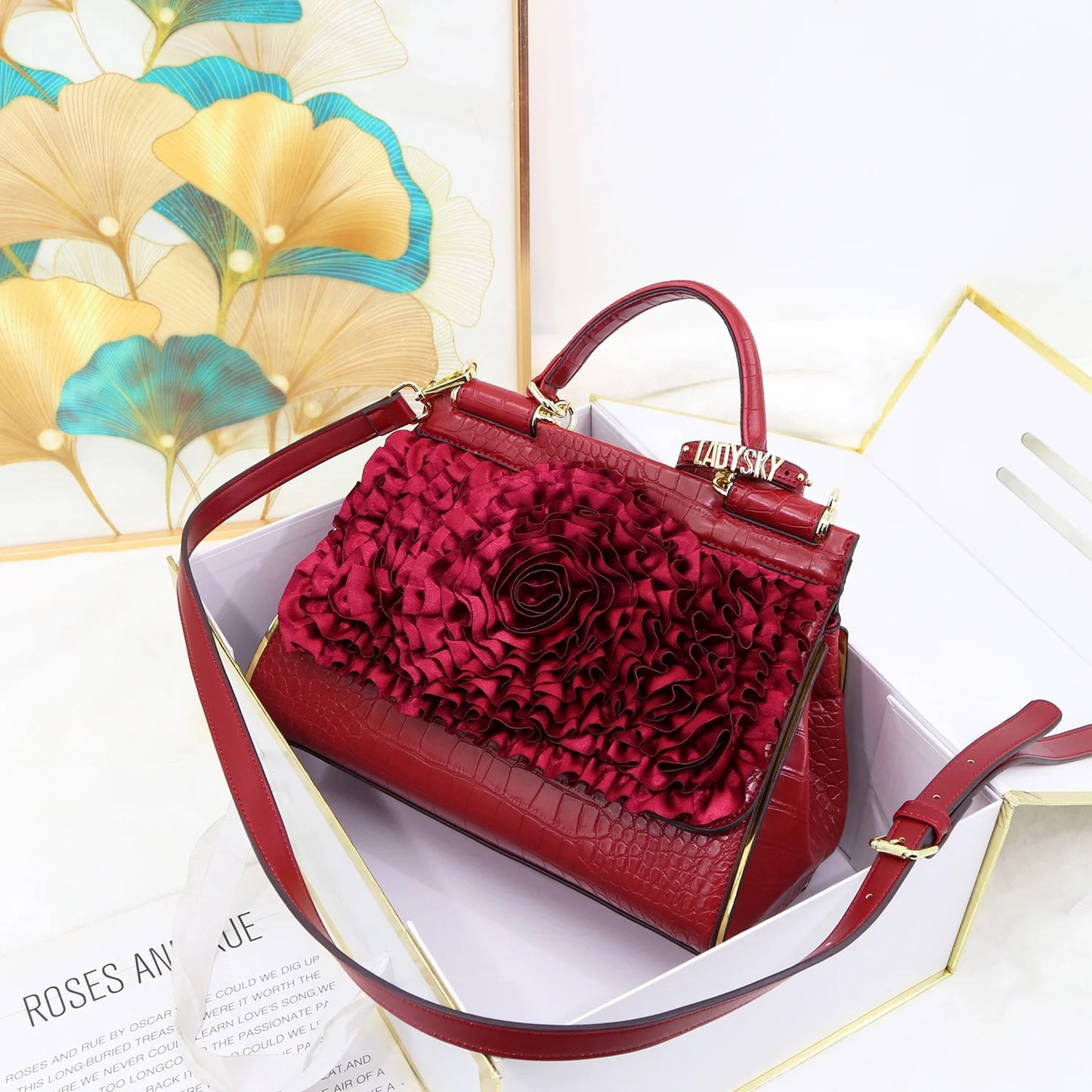 🍒3D foral handbag women fashion ladies bag luxury crossbody handbag crocodile elegant occasion accessory lotus leaf flower bag female bag with grab handle 30 cm Rose Gold