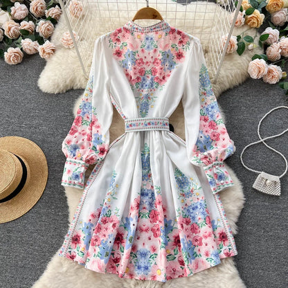 🍒Mandarin collar puff sleeve dress women sweet spring and autumn fashion pleated dresses floral outfit over knee dress
