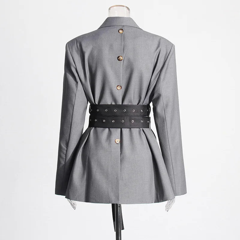 🍒Double belt button casual jacket v-neck lapel jacket belted blazers for occasion women outwear smart casual clothes  A Belter of A Blazer