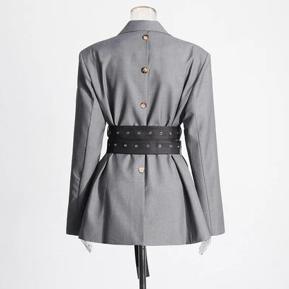 🍒Double belt button casual jacket v-neck lapel jacket belted blazers for occasion women outwear smart casual clothes  A Belter of A Blazer