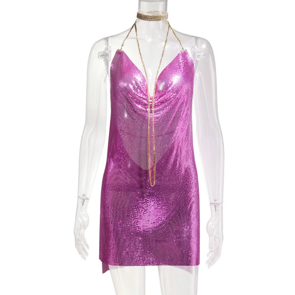🍒Party outfit for woman Hauture summer wear shiny halter mini dress with cowl neck bodycon backless translucent metallic fashion evening occasion wear club wear Melt Hearts Metalics