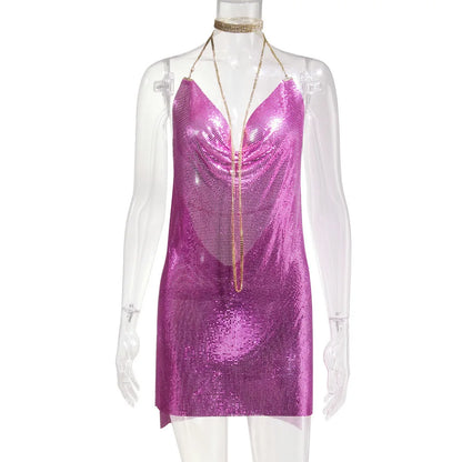🍒Party outfit for woman Hauture summer wear shiny halter mini dress with cowl neck bodycon backless translucent metallic fashion evening occasion wear club wear Melt Hearts Metalics