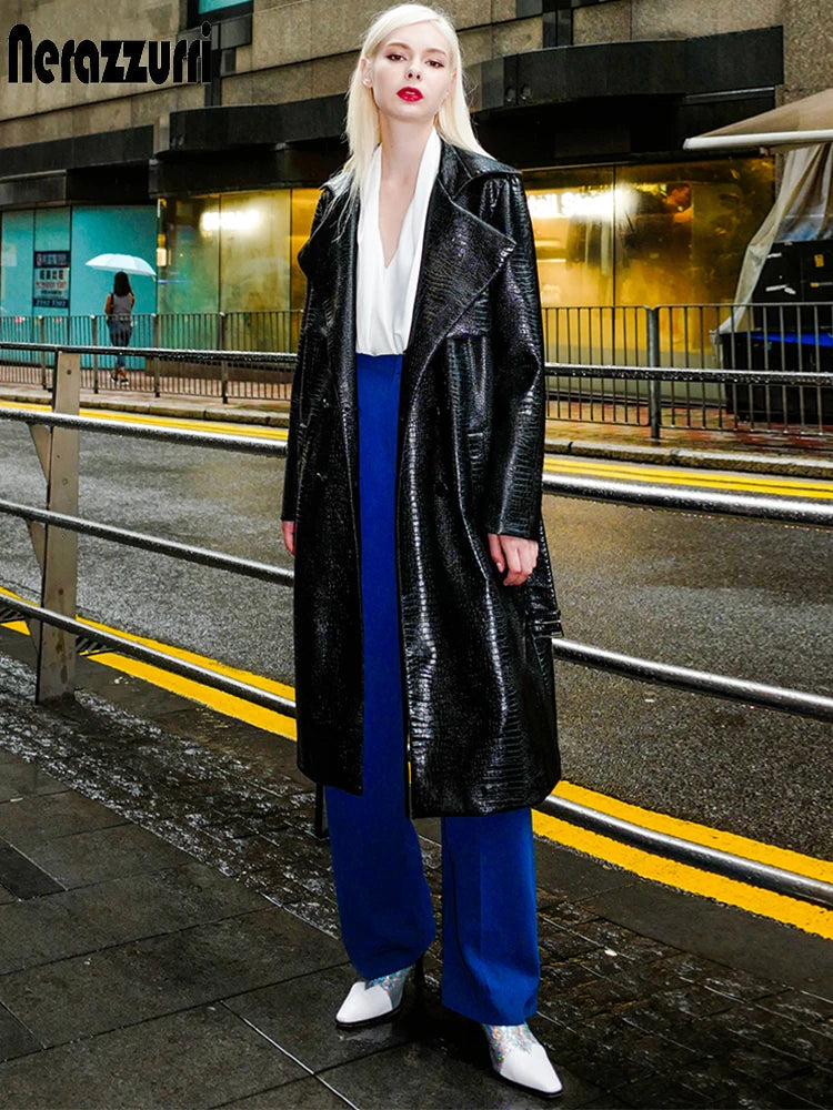 🍒Black crocodile trench coat patent faux leather coat long black for women long sleeve belt fall red leather clothes women