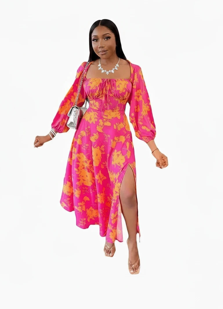 🍒Women's floral print dress midaxi square collar long puff sleeve party dress with split fashion with flowers bright colour outfits beach party wear holiday clothing Get Satu-Rated
