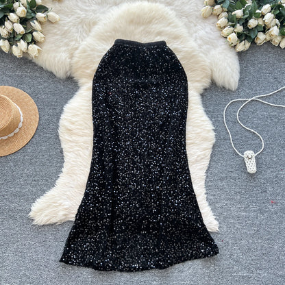 🍒Sequin tulip skirt fitted hip womens smart casual high waist elastic skirts feminine fashion party wear occasion fashion wear