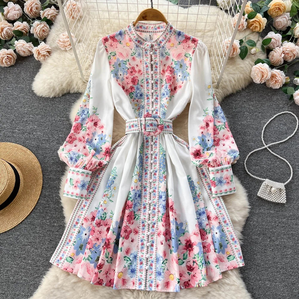 🍒Mandarin collar puff sleeve dress women sweet spring and autumn fashion pleated dresses floral outfit over knee dress