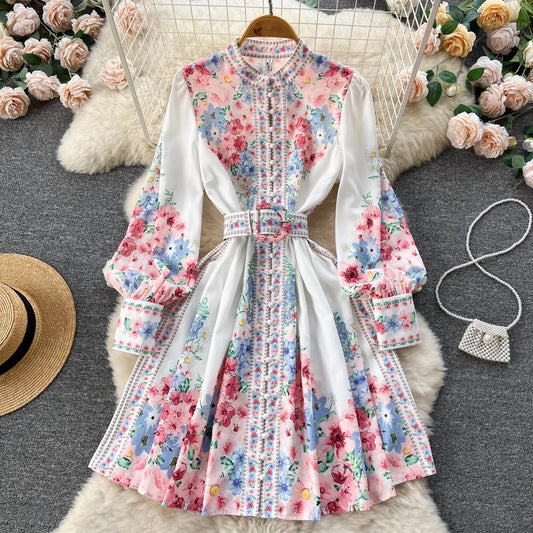 🍒Mandarin collar puff sleeve dress women sweet spring and autumn fashion pleated dresses floral outfit over knee dress