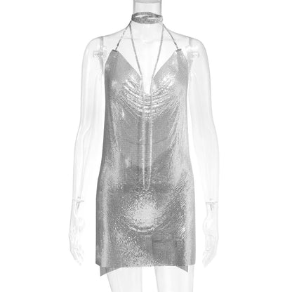 🍒Party outfit for woman Hauture summer wear shiny halter mini dress with cowl neck bodycon backless translucent metallic fashion evening occasion wear club wear Melt Hearts Metalics