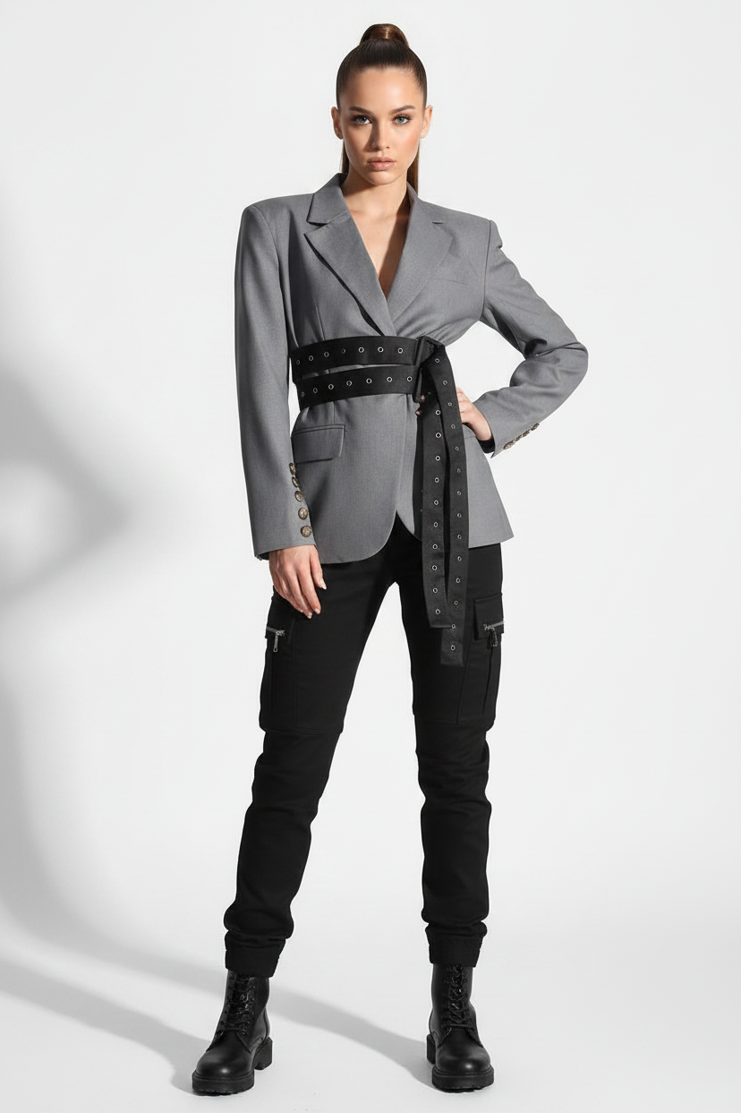 🍒Double belt button casual jacket v-neck lapel jacket belted blazers for occasion women outwear smart casual clothes  A Belter of A Blazer