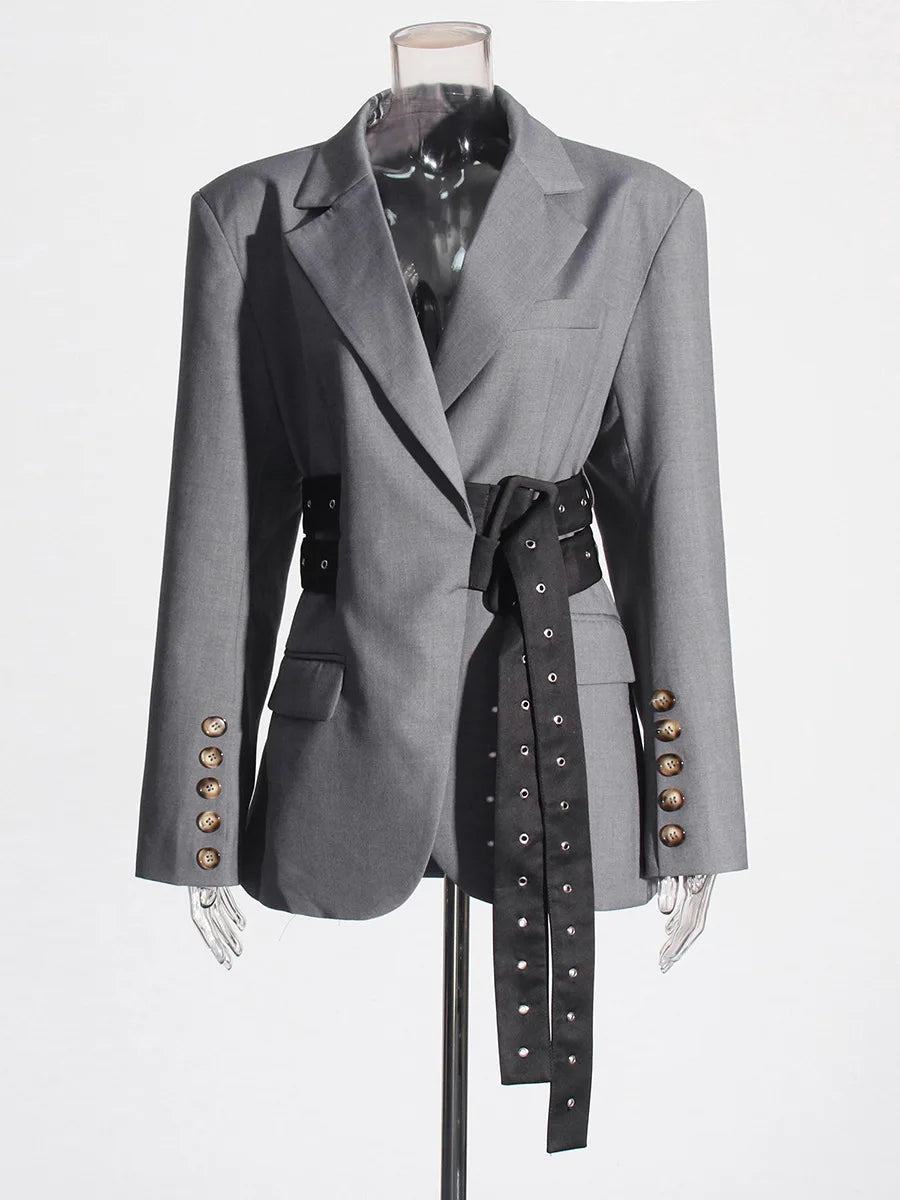 🍒Double belt button casual jacket v-neck lapel jacket belted blazers for occasion women outwear smart casual clothes  A Belter of A Blazer