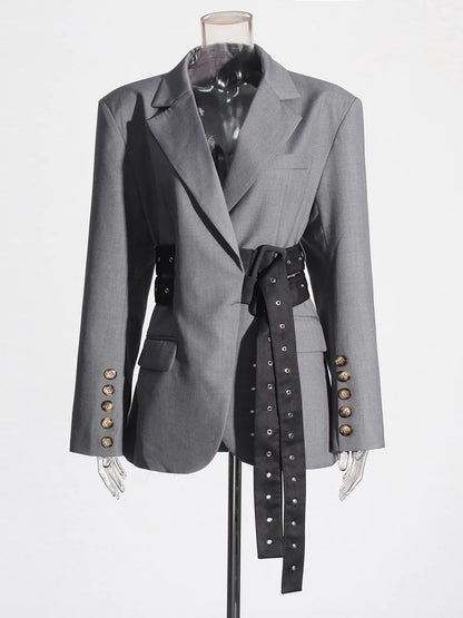 🍒Double belt button casual jacket v-neck lapel jacket belted blazers for occasion women outwear smart casual clothes  A Belter of A Blazer