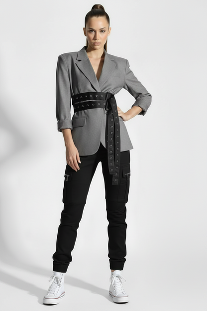 🍒Double belt button casual jacket v-neck lapel jacket belted blazers for occasion women outwear smart casual clothes  A Belter of A Blazer