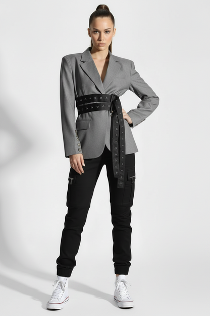 🍒Double belt button casual jacket v-neck lapel jacket belted blazers for occasion women outwear smart casual clothes  A Belter of A Blazer