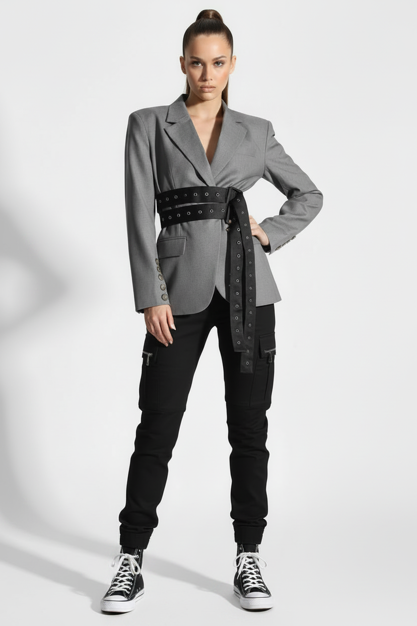 🍒Double belt button casual jacket v-neck lapel jacket belted blazers for occasion women outwear smart casual clothes  A Belter of A Blazer