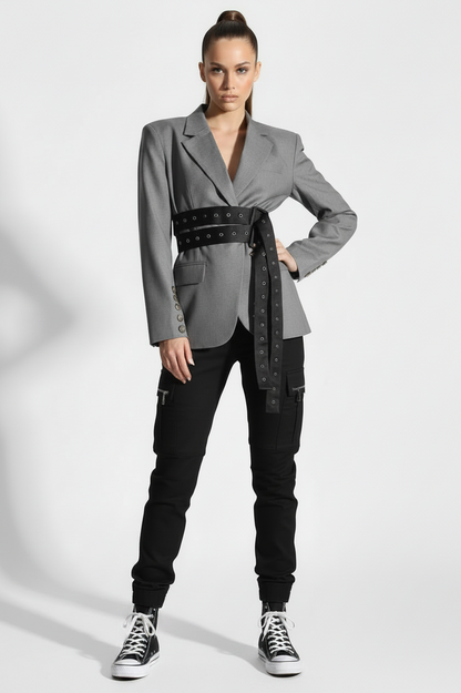 🍒Double belt button casual jacket v-neck lapel jacket belted blazers for occasion women outwear smart casual clothes  A Belter of A Blazer