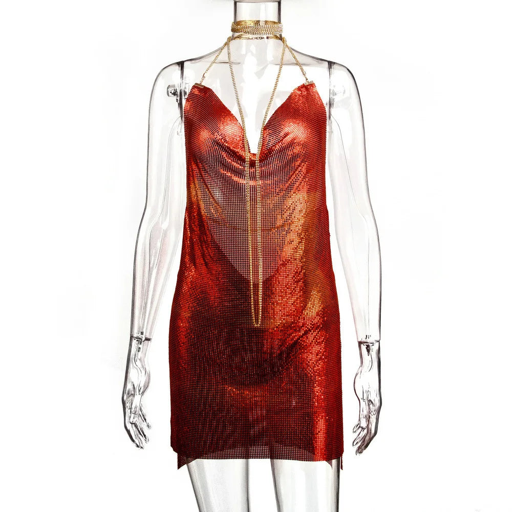 🍒Party outfit for woman Hauture summer wear shiny halter mini dress with cowl neck bodycon backless translucent metallic fashion evening occasion wear club wear Melt Hearts Metalics