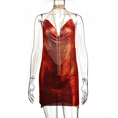 🍒Party outfit for woman Hauture summer wear shiny halter mini dress with cowl neck bodycon backless translucent metallic fashion evening occasion wear club wear Melt Hearts Metalics