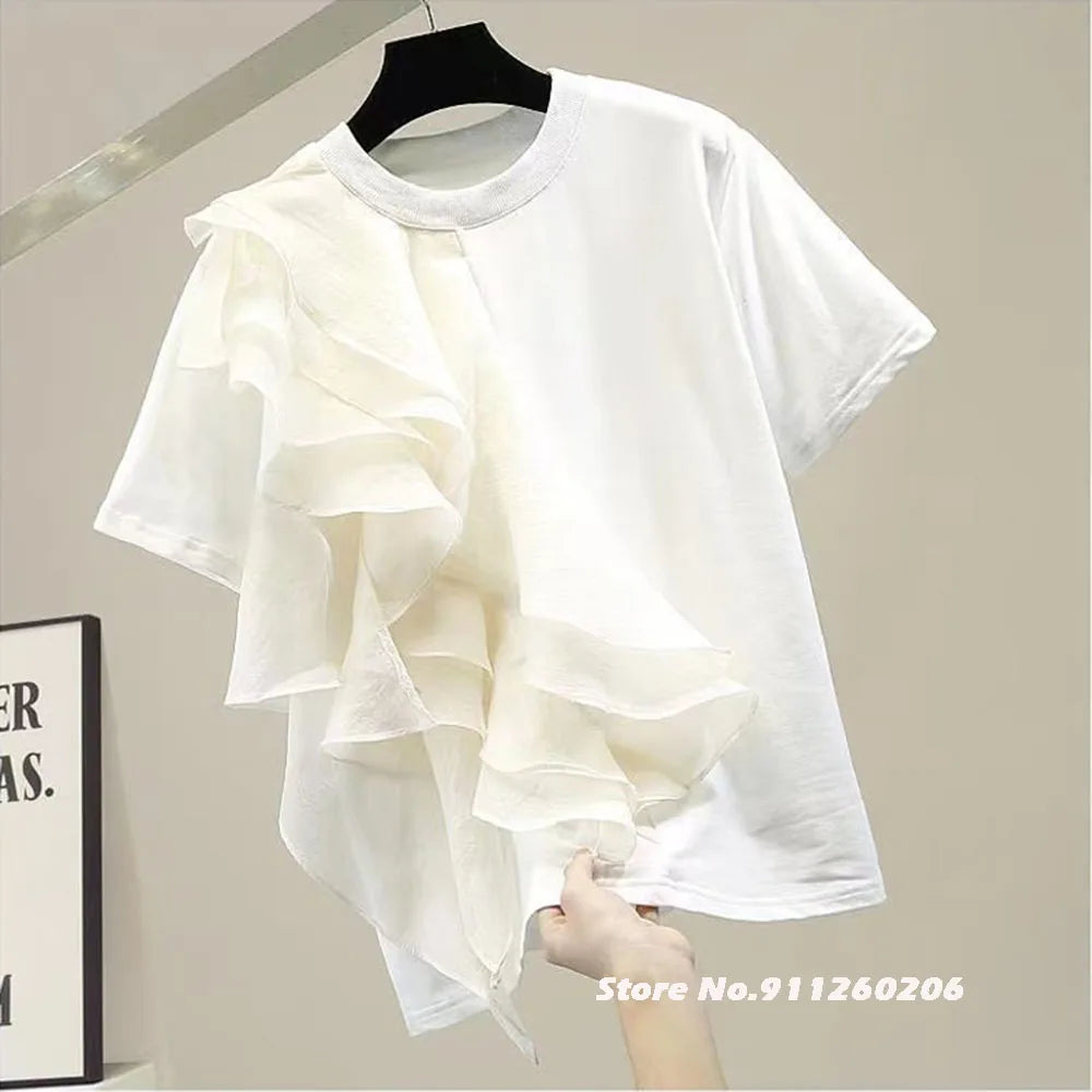 🍒Mixed media ruffle white tops for women o-neck short sleeve casual t-shirt female fashion clothing Summer
