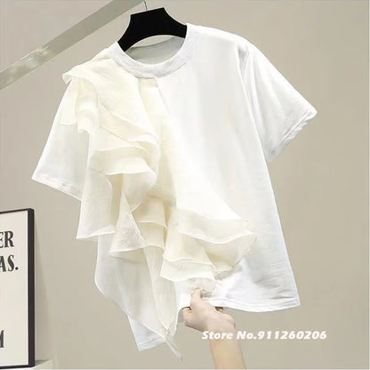 🍒Mixed media ruffle white tops for women o-neck short sleeve casual t-shirt female fashion clothing Summer