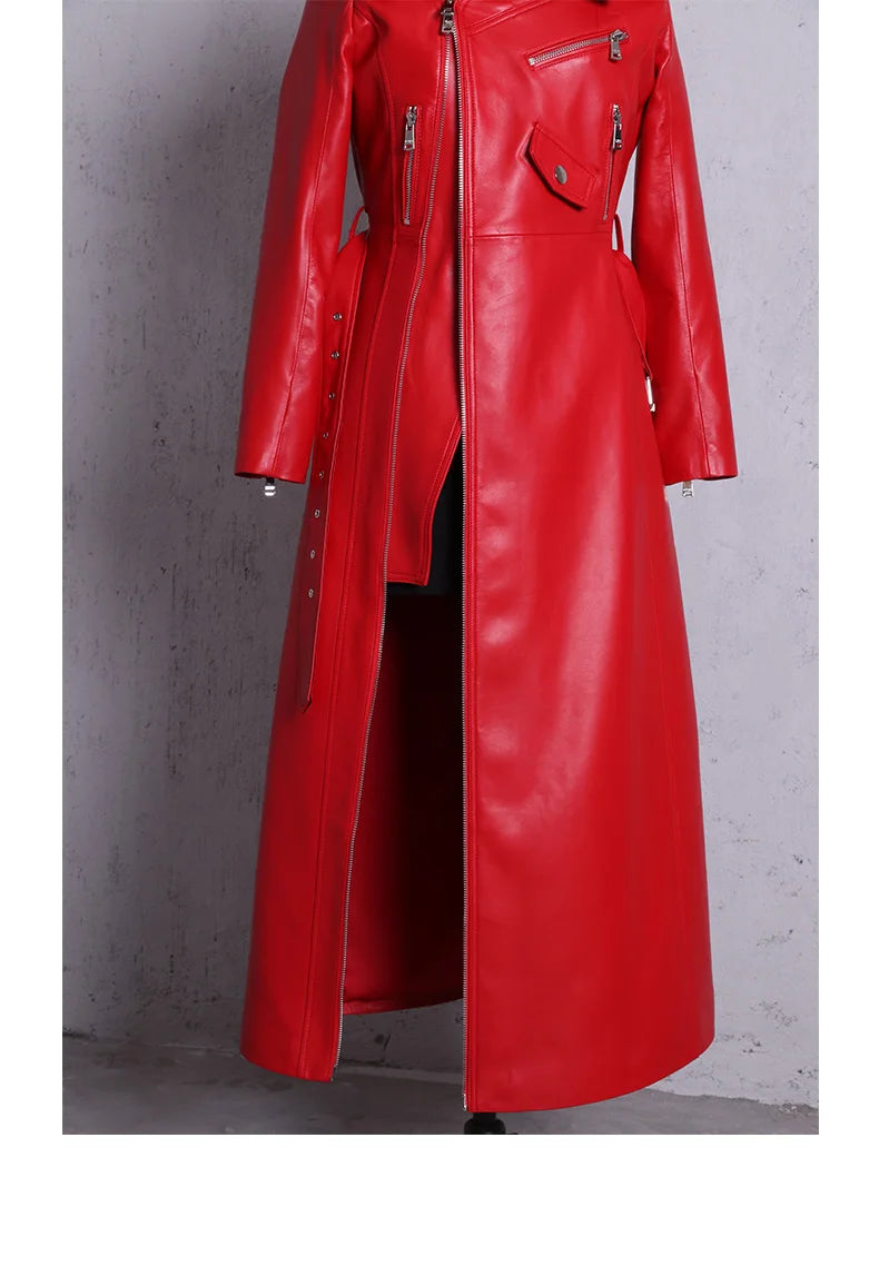 🍒Leather long dresses with side split for women slash neck red black pu outfit long sleeve shoulderless for occasions party wear club wear REDiculously Cool