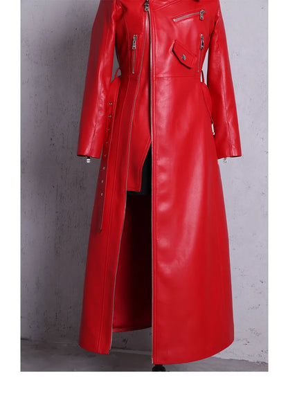 🍒Leather long dresses with side split for women slash neck red black pu outfit long sleeve shoulderless for occasions party wear club wear REDiculously Cool