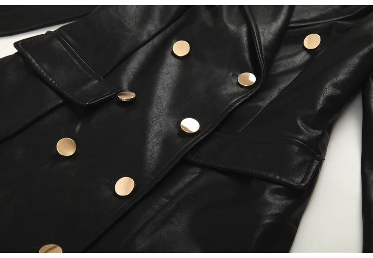 🍒Extra long faux leather trench coat for women double breasted luxury elegant long smart casual pu outerwear Keep aBREAST of DOUBLE take clothing