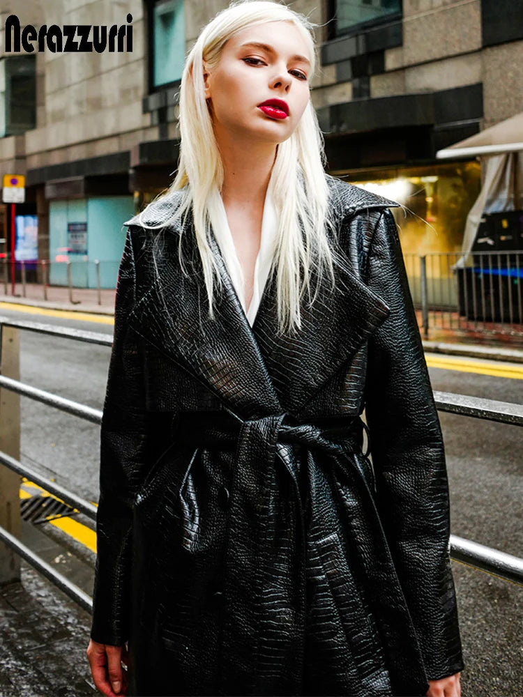 🍒Black crocodile trench coat patent faux leather coat long black for women long sleeve belt fall red leather clothes women