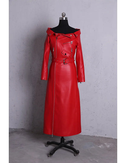🍒Leather long dresses with side split for women slash neck red black pu outfit long sleeve shoulderless for occasions party wear club wear REDiculously Cool