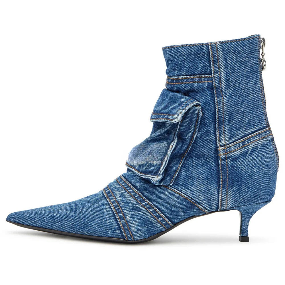 🍒Denim pockets boots ankle kitten heel shoes back zipper shoes retro styles booties with pointed toe smart casual footwear women Pocket This Denim And Make A Point